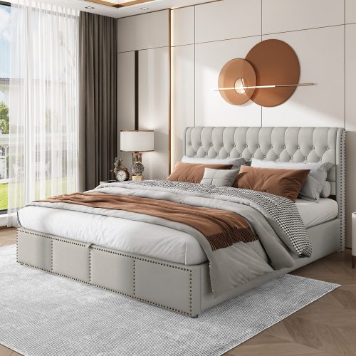 Upholstered Bed,Double Bed-4ft6 135x190cm,with Hydraulic Lever, Functional Storage Bed, Rivet Decoration, Without Mattress, Linen, Light Grey – view 9