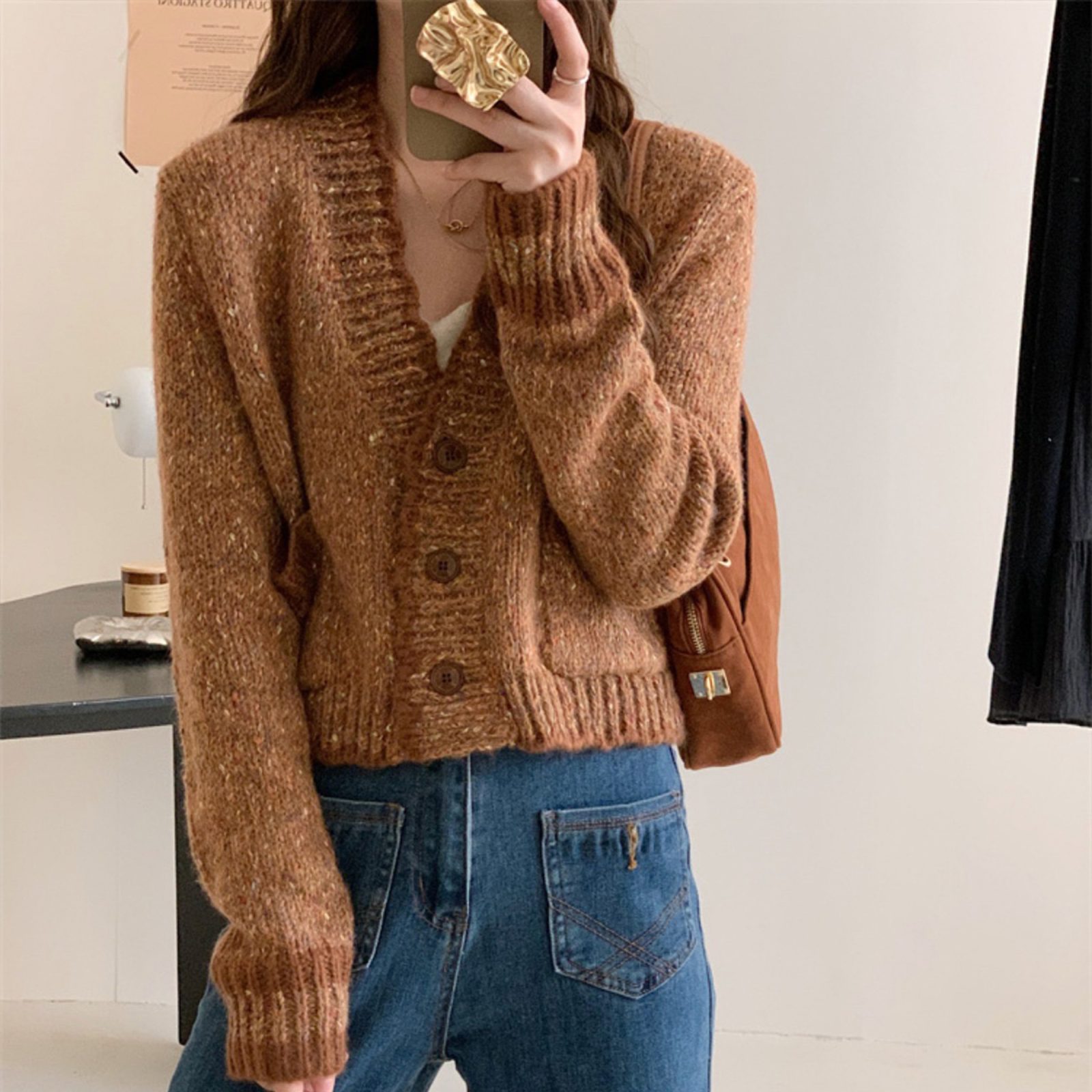 French Style Sweater Cardigan, Women's Spring Knitted Sweater, Kintted Top, Knitwear, Spring Clothing, Womens Clothing – Brown