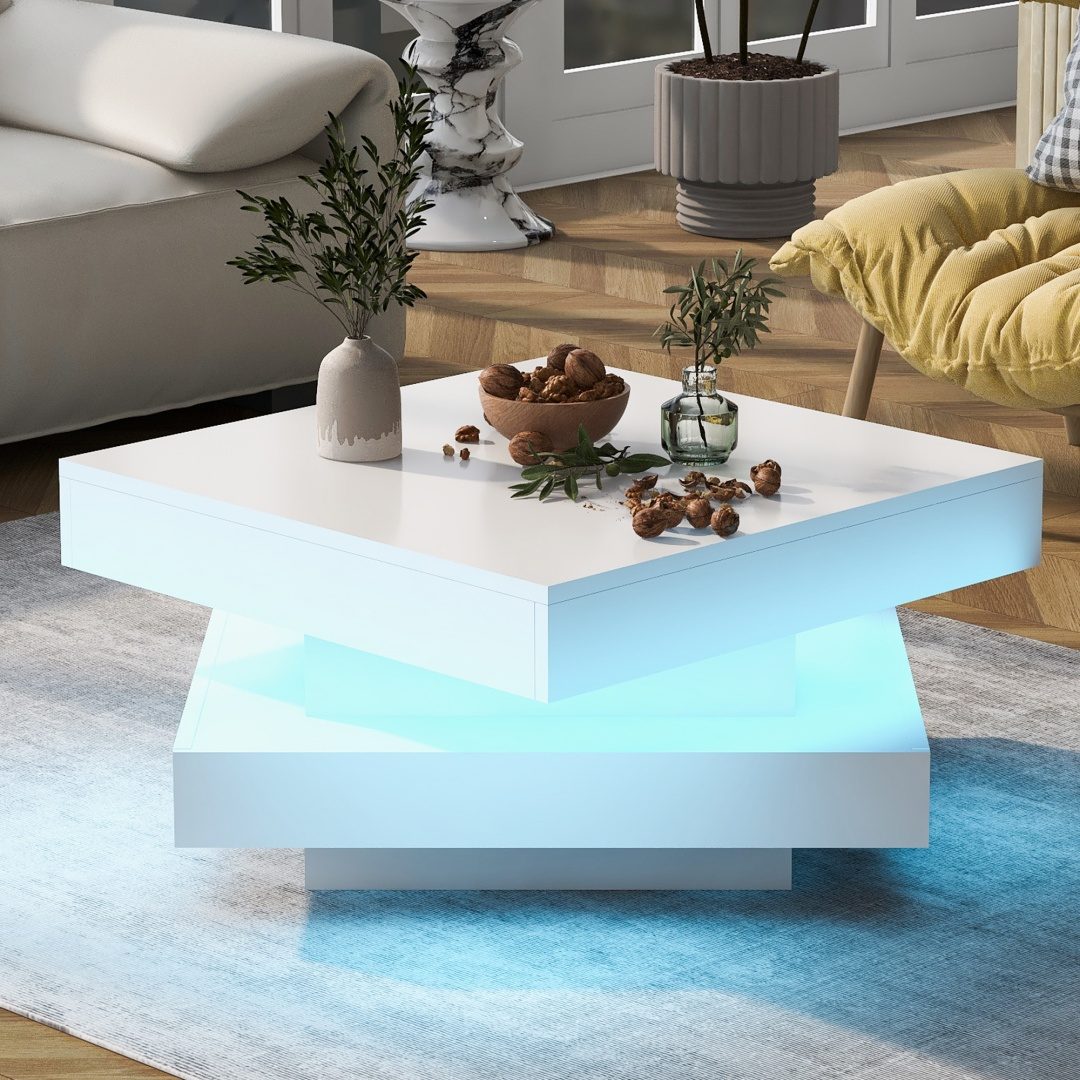 White Square High Gloss Coffee Table With 360 Rotating Top, Tea Table With 16-Color LED Light, 70x70x36 Cm – view 11
