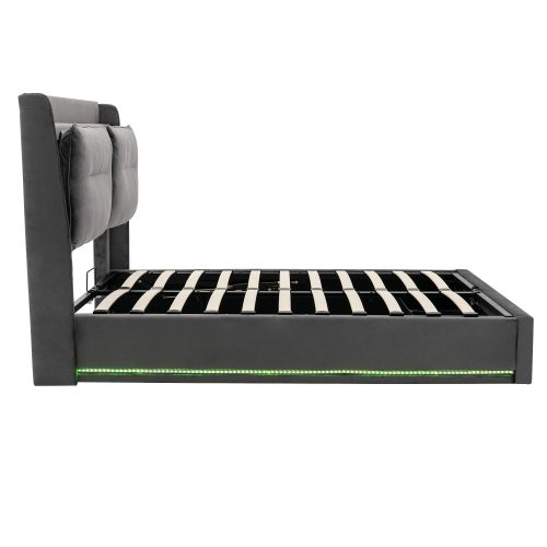 Upholstered Bed, 150x200 5ft King Size Bed, Hydraulic Bed, 2-in-1 Storage Drawers At The End Of The Bed, Recessed LED Light Strips On Both Sides Of The Bed, Slatted Frame, Velvet,Dark Gray – view 12