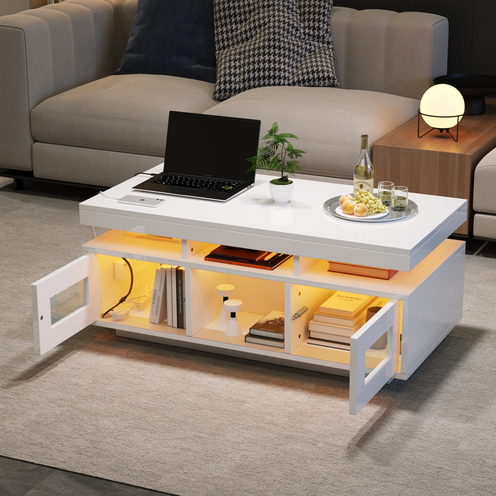 High Gloss Coffee Table With LED Lights, USB Ports-Sockets, Centre Table With 2 Doors, Sofa Side Table, Space-saving End Table, Tea Table, 100x50x43cm, White, Particleboard – White