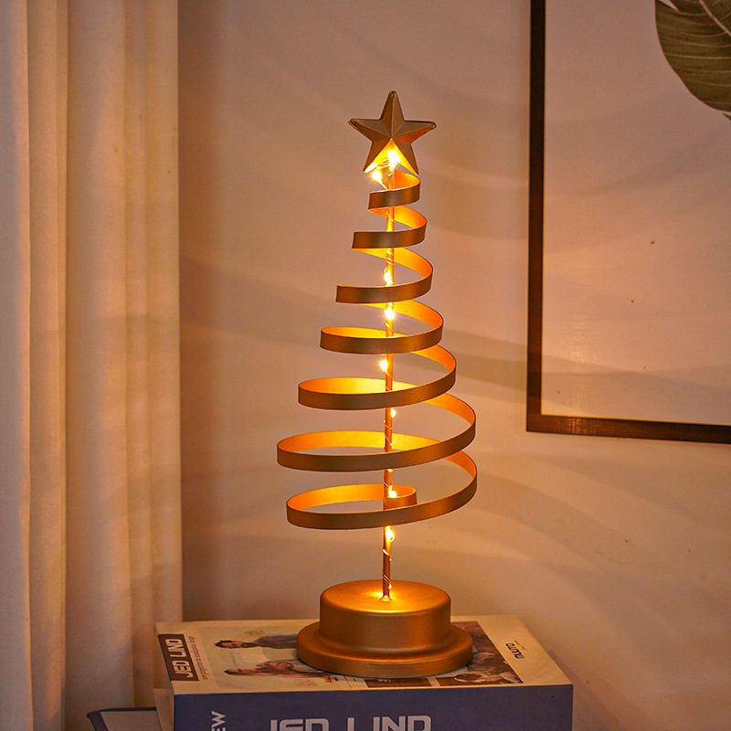 LED Christmas Tree Spiral Light Table Ornament Wrought Iron Xmas Tree Bedroom Desk Lamp Christmas Atmosphere Night Light Decor – Spiral Gold