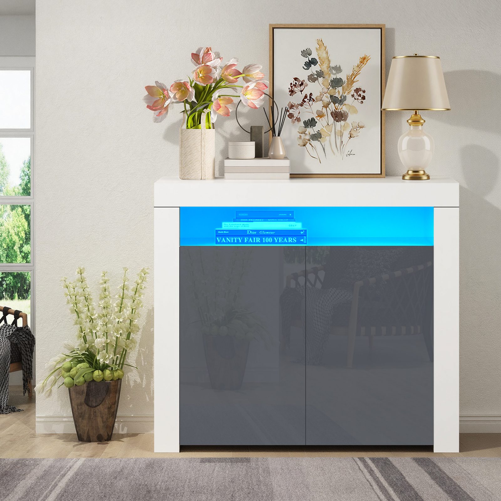 High Gloss Sideboard Cabinet 2 Doors Cupboard Storage Sideboard With LED Lights Matt Body Display Cabinet Shelves Unit For Living Room Dining Room,12 Colors LED Light-White Sideboard Gray Door – Default