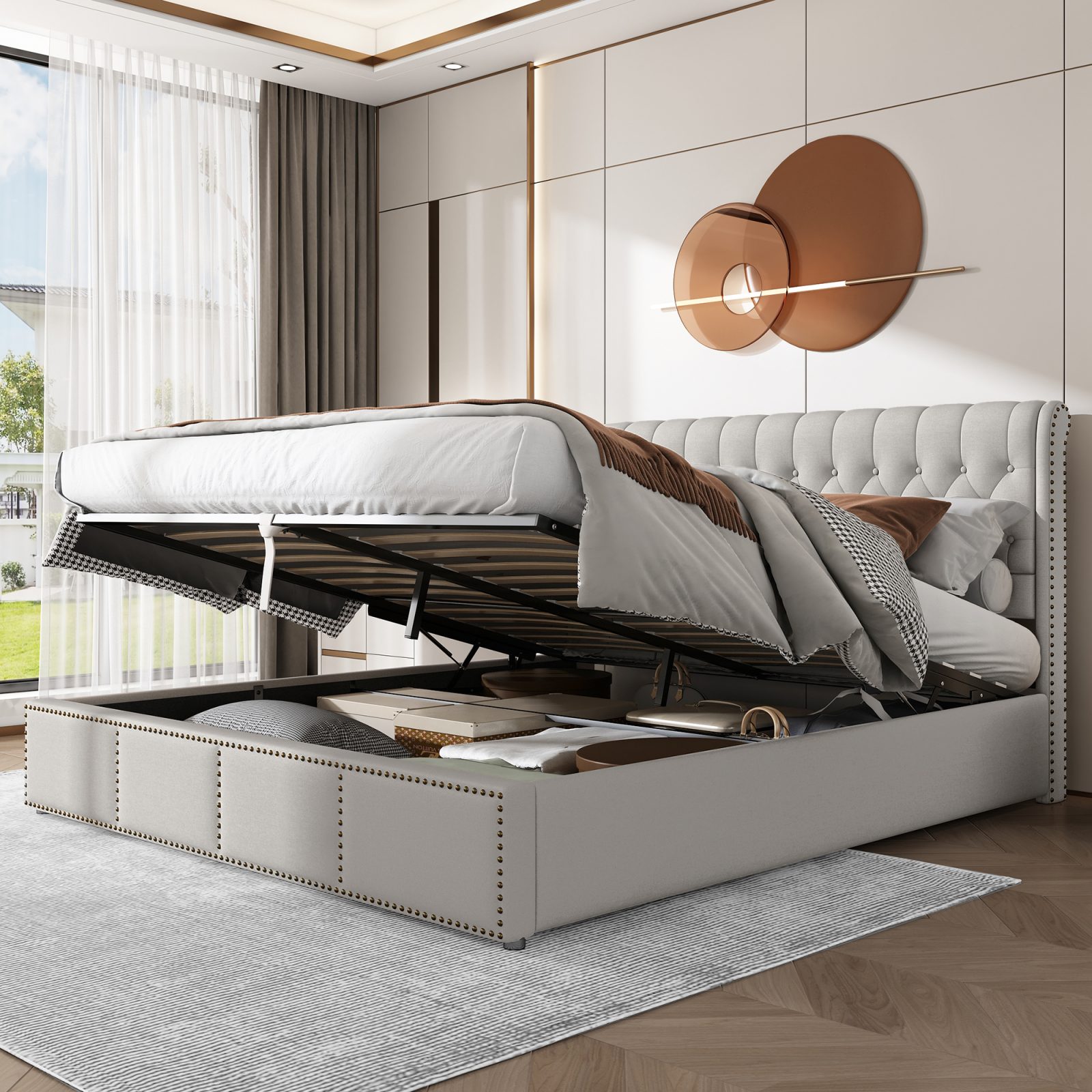 Upholstered Bed,Double Bed-4ft6 135x190cm,with Upholstered Bench 135 X 41 X 42 Cm, With Hydraulic Lever, Functional Storage Bed, Rivet Decoration, Linen, Light Grey – view 5