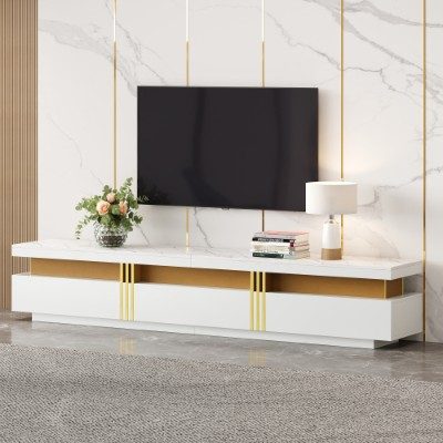 Luxury TV Stand With Faux Marble Top, TV Cabinet Golden Panel Design, And 3 Drawers For Televisions Up To 89'', Rectangle Media Console, Practical Entertainment Center For Living Room, White – view 3