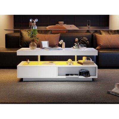 Led Coffee Table With 2 Drawer Storage, High Gloss Coffee Table For Living Room Open Storage Space Centre Table With 16-Color Led Lights,End Table For Home Office Furniture, White – view 2