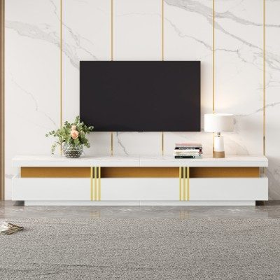 Luxury TV Stand With Faux Marble Top, TV Cabinet Golden Panel Design, And 3 Drawers For Televisions Up To 89'', Rectangle Media Console, Practical Entertainment Center For Living Room, White – view 2