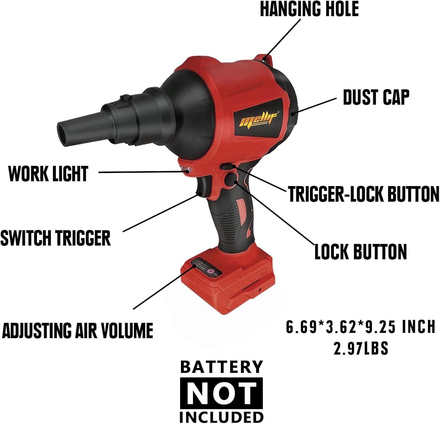 High Volume Compressed Air Duster Compatible With Milwaukee 18V Battery- 3 Speeds, 50000RPM Brushless Motor, LED Light, 7 Multi-Use Accessories, Ideal For PC Keyboard, Pool Toy Tool Only – view 6