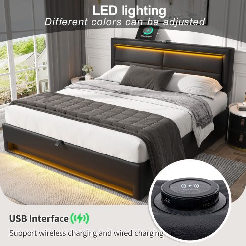 Upholstered Bed 135 X 190 Cm,Double Bed-4ft6,with USB Port Supports Wireless And Wired Charging, With LED Lighting And Storage Space, Without Mattress, PU-Lychee Design, Black – view 11