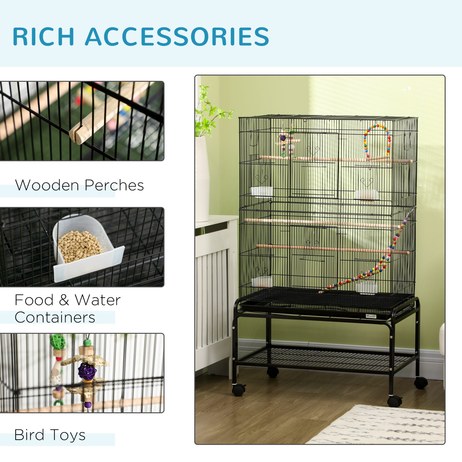 Large Bird Cage Budgie Cage With Stand,Toys,Wheels,Accessories,Storage Shelf For Canaries,Finches,Lovebirds,Parakeets-Black,79 X 49 X 133 Cm – view 3