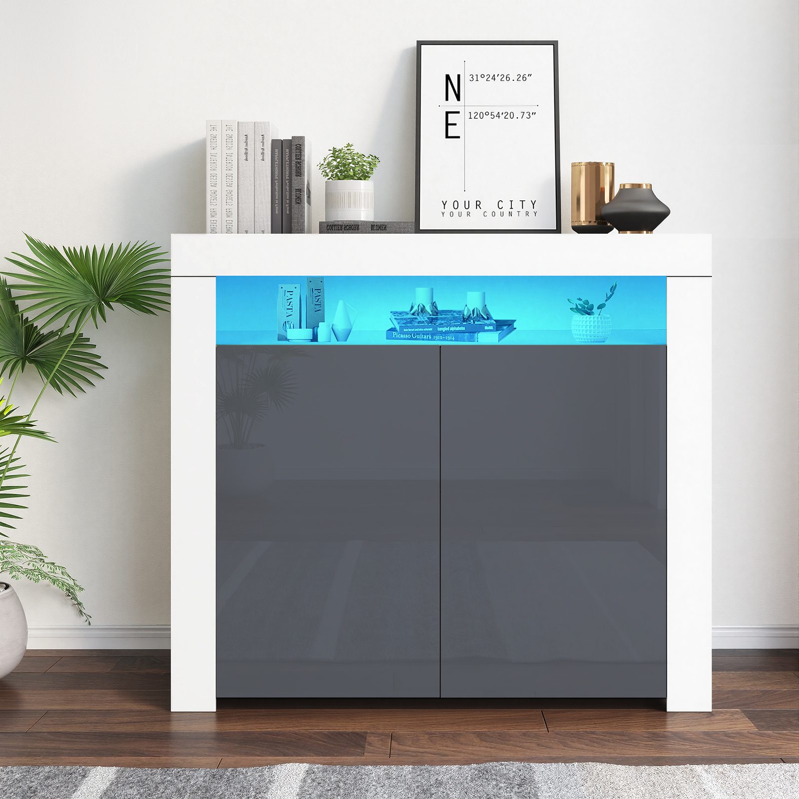 High Gloss Sideboard Cabinet 2 Doors Cupboard Storage Sideboard With LED Lights Matt Body Display Cabinet Shelves Unit For Living Room Dining Room,12 Colors LED Light-White Sideboard Gray Door – view 8