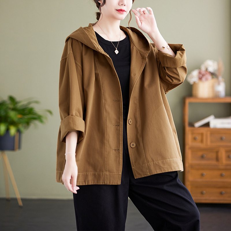 Hooded Loose Coat Women Retro Khaki Casual Cotton Artistic Stitching Women – Khaki