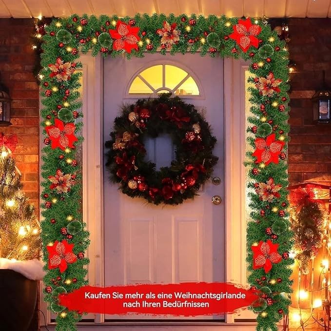 9FT Christmas Garland Decorations Fireplace Stair Artificial Wreath Bushy Pine – Red