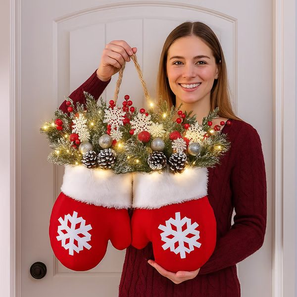 Christmas Garland Creative Glove Shaped Simulated Flower Wreath Window Door Gate Decoration Door Sign Xmas Party Decoration – view 5