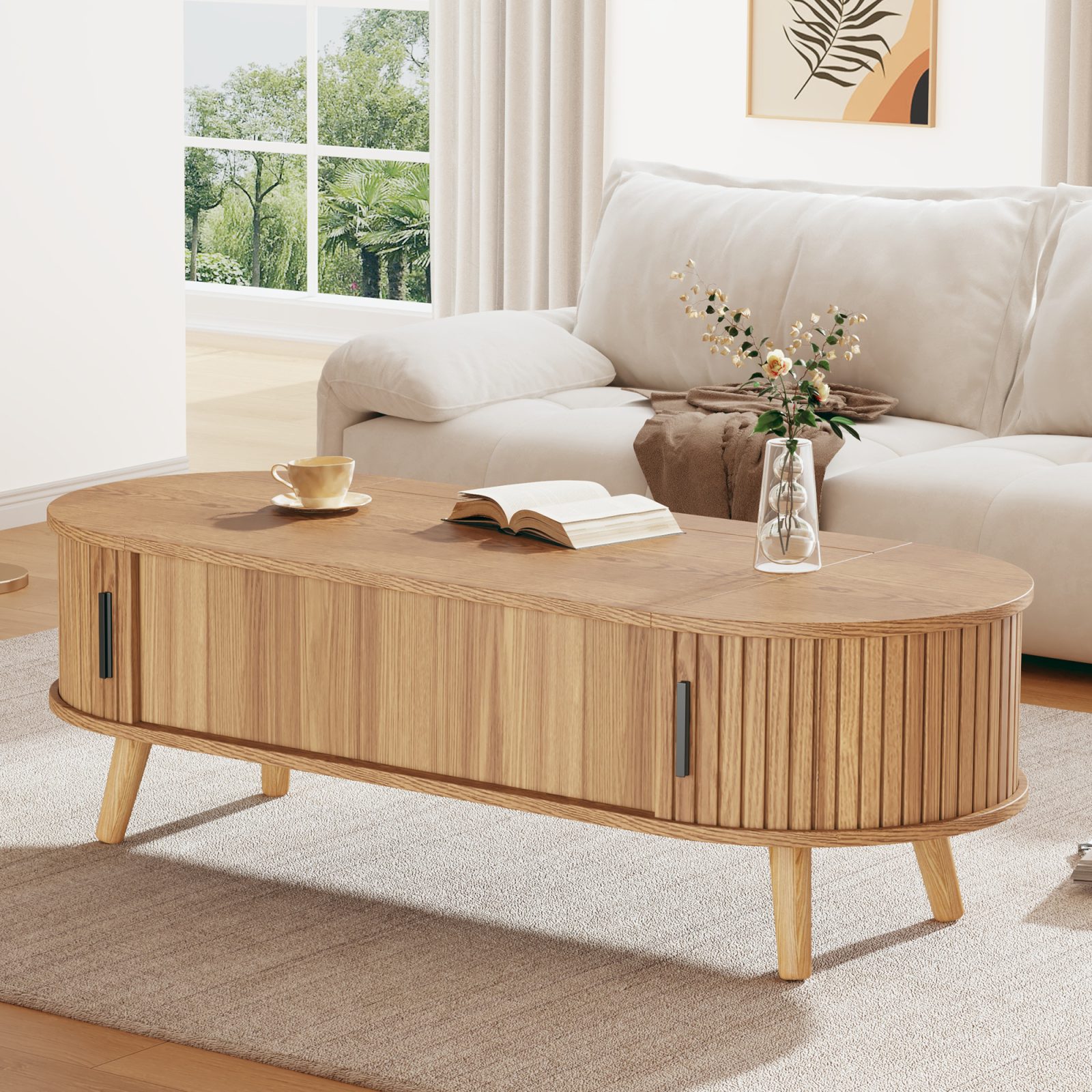 Lift Up Oval Coffee Table With Hidden Storage, Centre Table, Lifting Sofa Side Table, Space-saving End Table For Living Room Bedroom, Reception, Tea Table, 120 X 50 X 39.5cm, Natural Wood – view 3